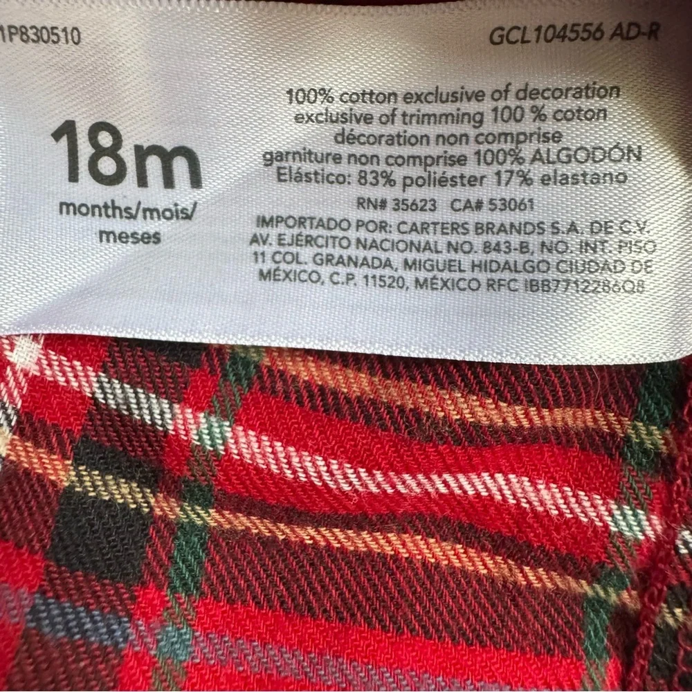 Carter's Red Tartan Plaid Girl’s Blouse with Smocked Yoke & Gold Bow Size 18 mos